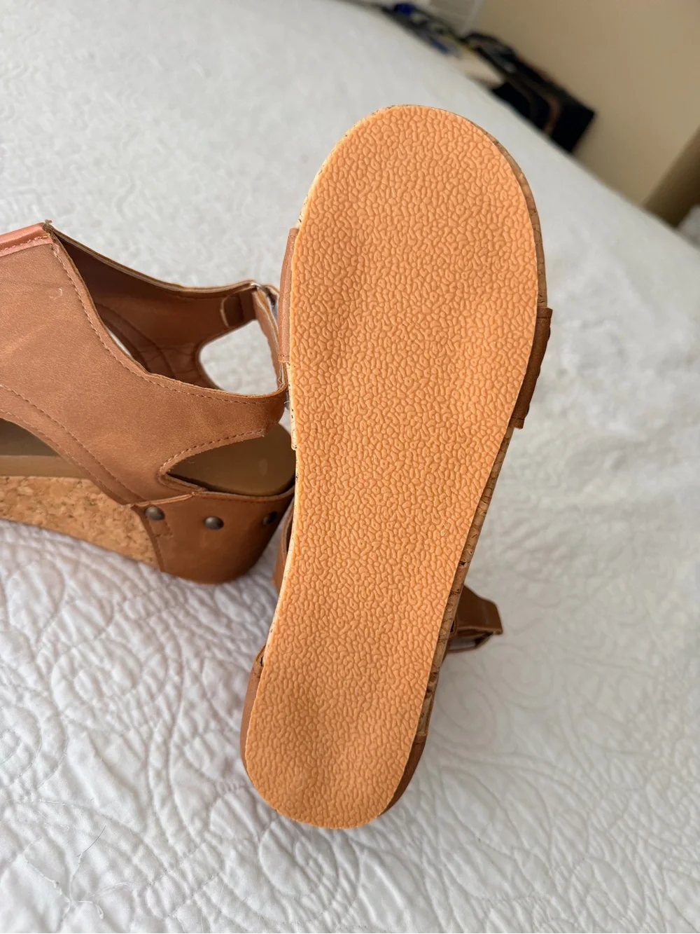 Brown Tan Cork Wedge Sandals with Back Strap